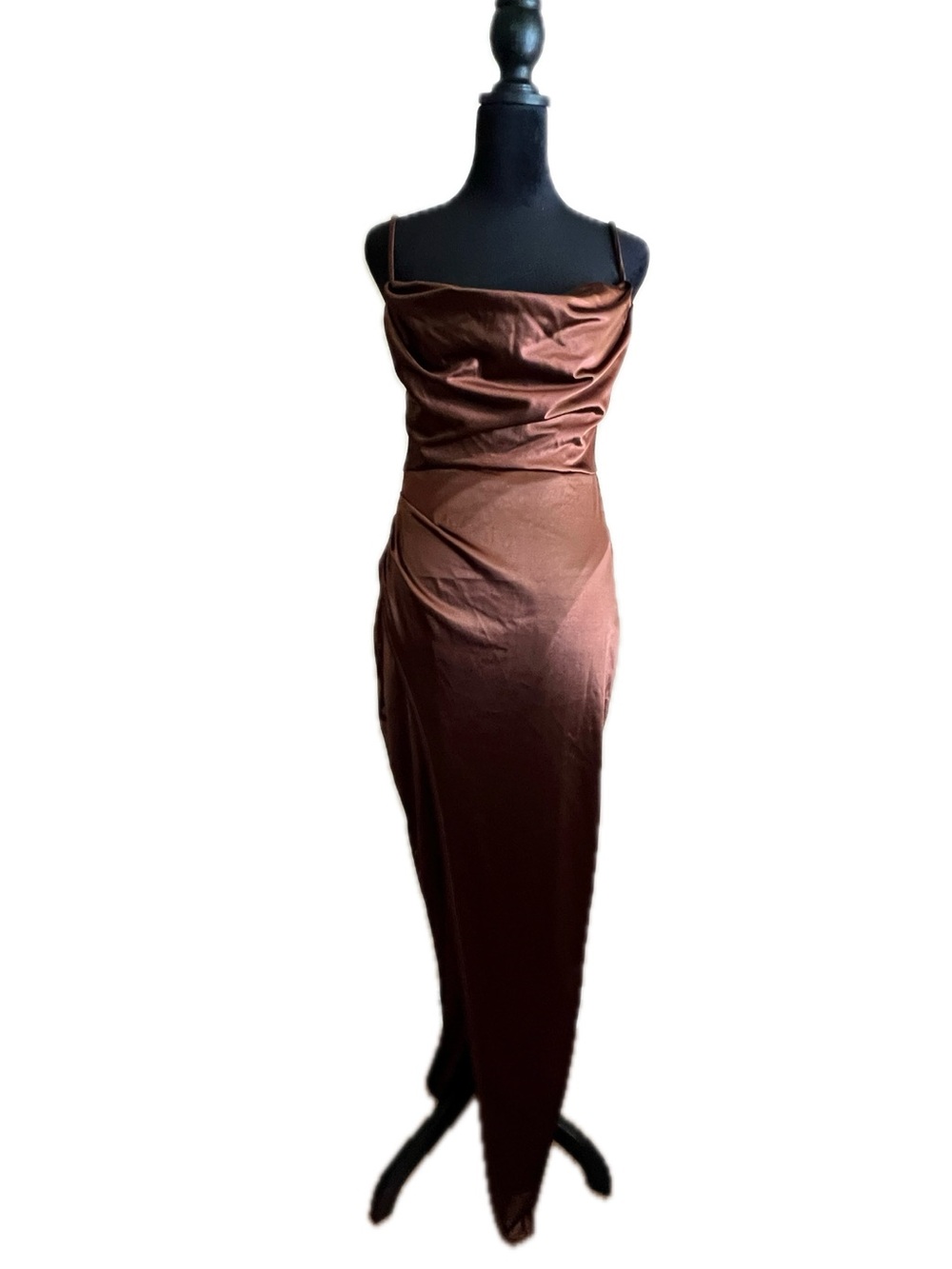 NWT Windsor Copper Brown Satin Cowl Neck Ruched Midi Dress M